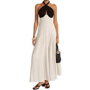Commense Black & Cream Colorblock Halter Maxi Dress Size Large Backless Tie Neck